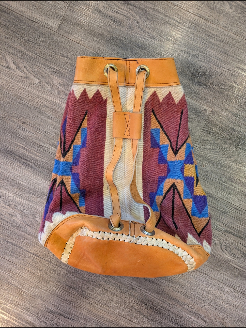 Wool Drawstring Backpack From Ecuador in Rust, Blue & Tan - Picture 2 of 5